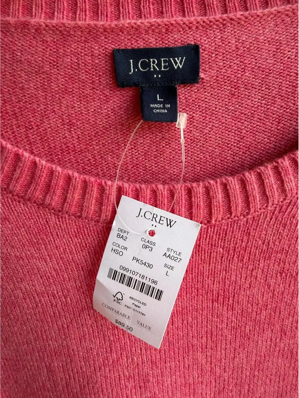 J. Crew NWT Long Sleeve Crew Neck Wool Blend Pink Pullover Sweater Size L